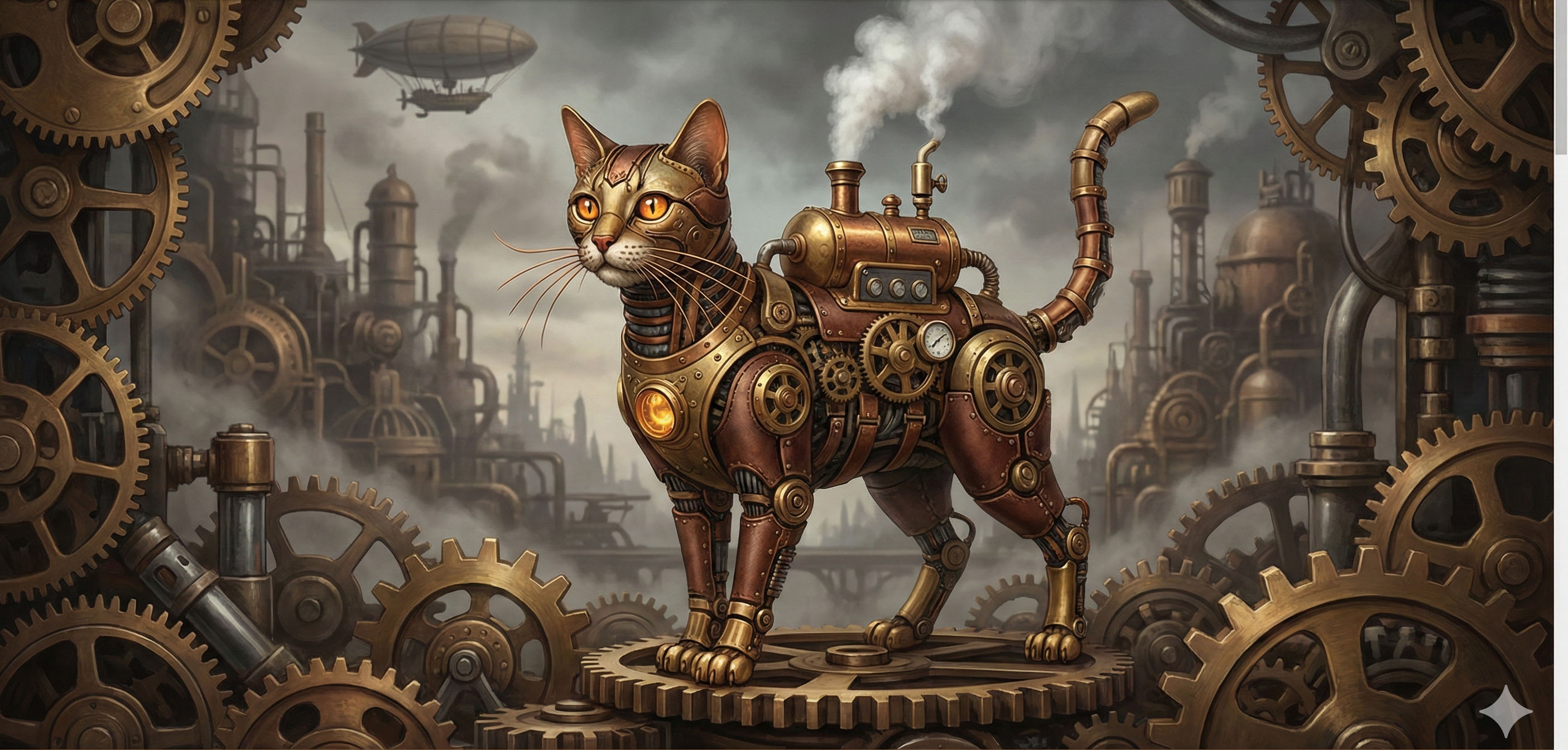 一隻充滿機械細節、正在噴出白色蒸氣的蒸氣貓插畫